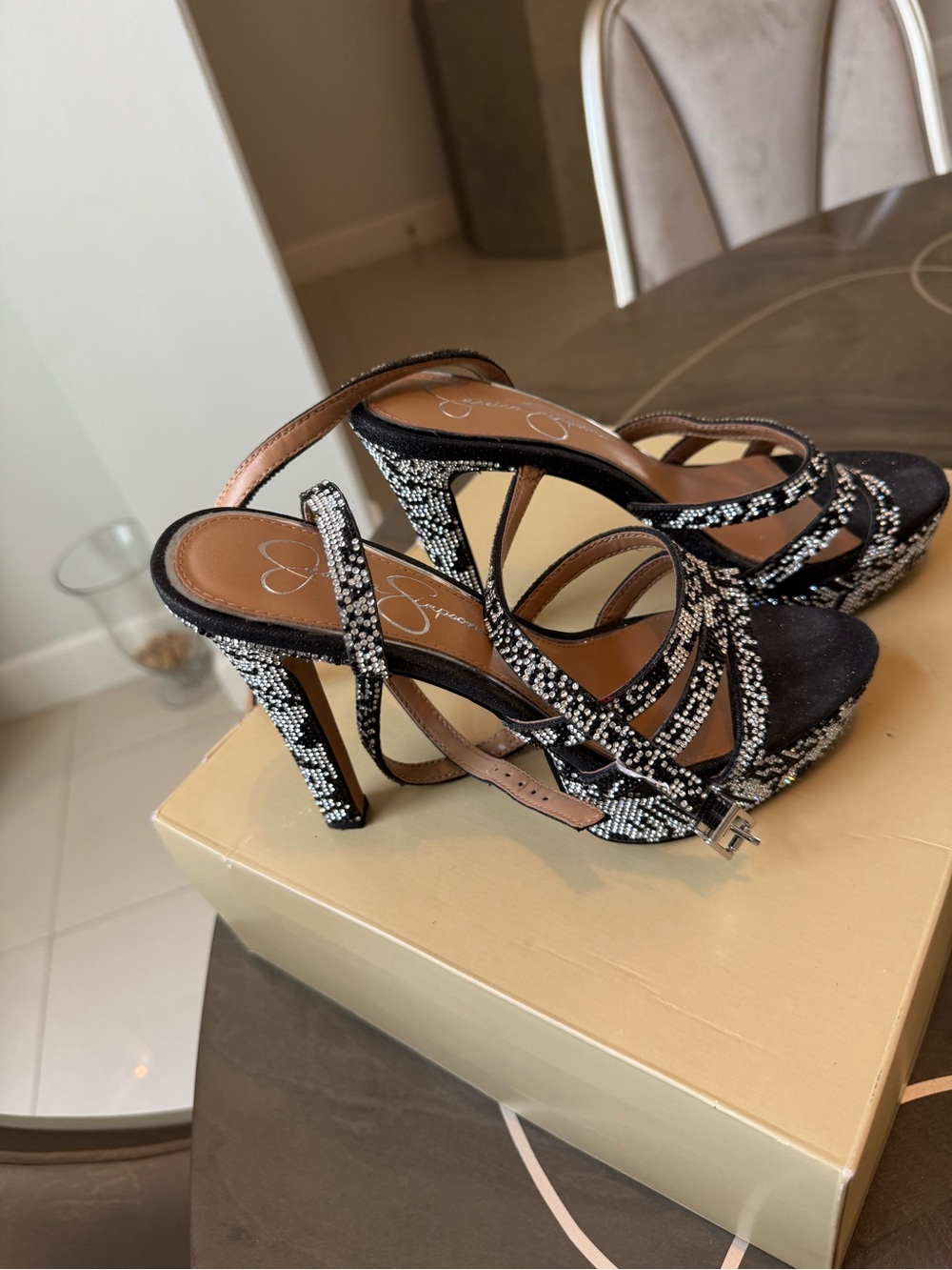 Jessica Simpson Black & White Beaded Strappy High Heel Sandals